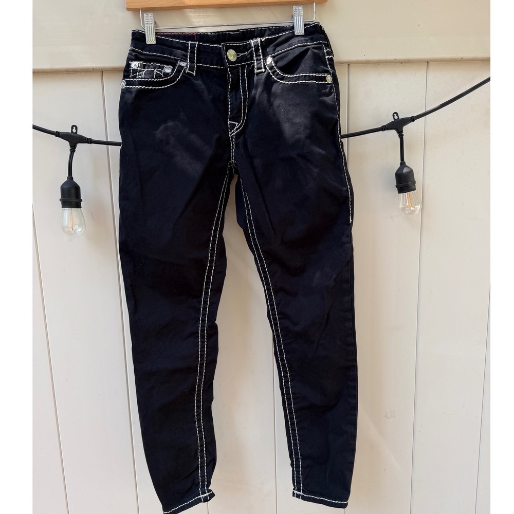 True Religion Jennie Curvy Skinny Jeans Black White Contrast Super T Stitch 28